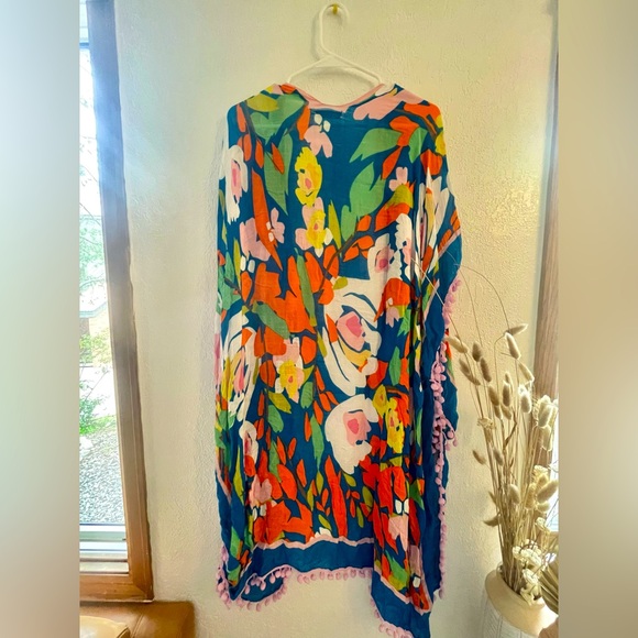 Brilliant Tropical Beach Cover Up with Pom Poms in Blue/Orange - Picture 4 of 4
